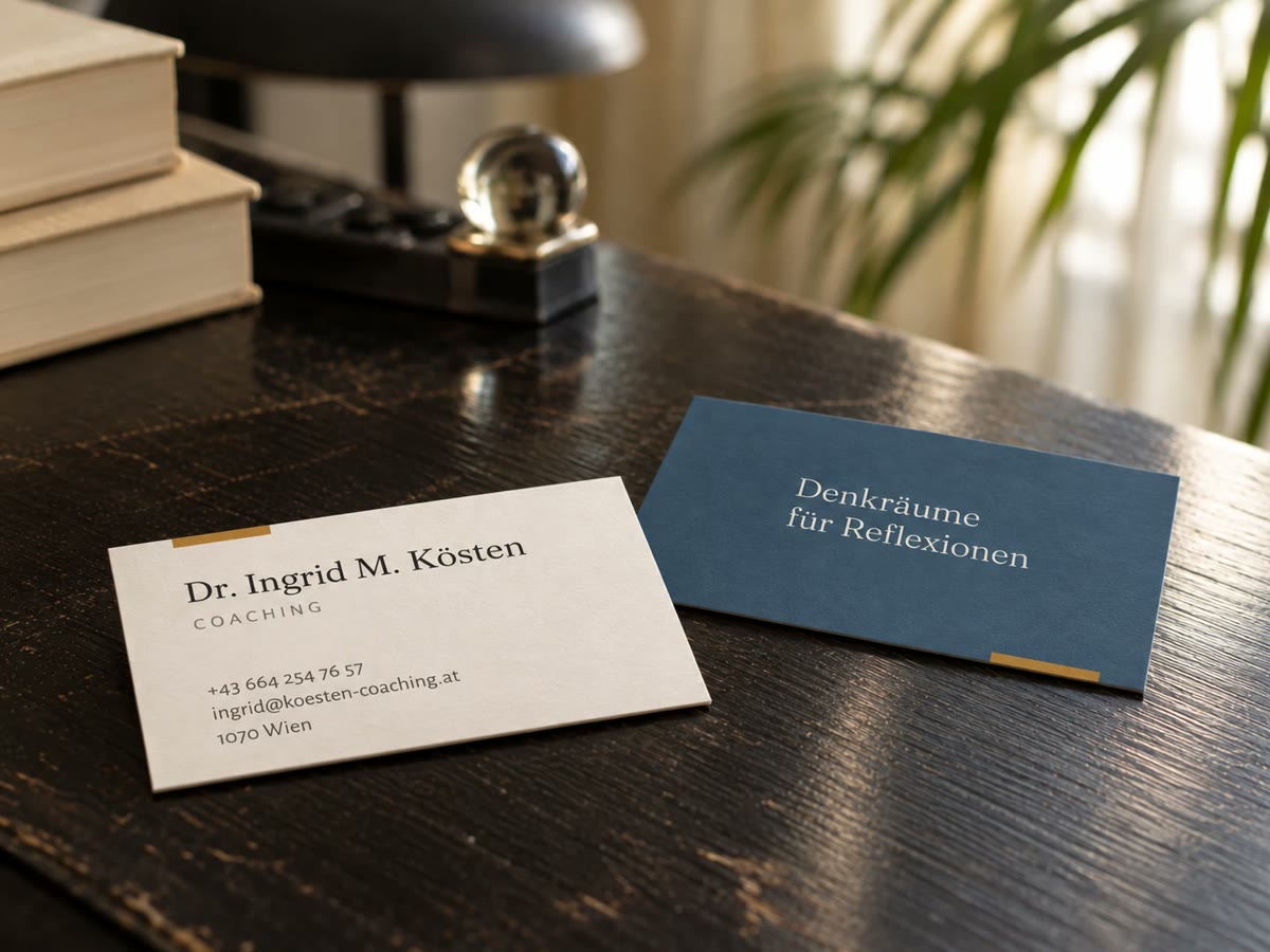 Zwei Visitenkarten von Dr. Ingrid M. Kösten auf dem dunklen Schreibtisch, eine mit Telefon und E-Mail, eine mit dem Satz Denkräume für Reflexionen